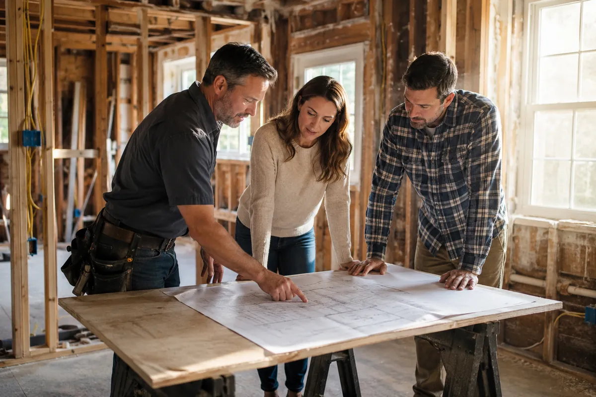 A contractor reviews plans with homeowners inside a gutted kitchen mid-remodel