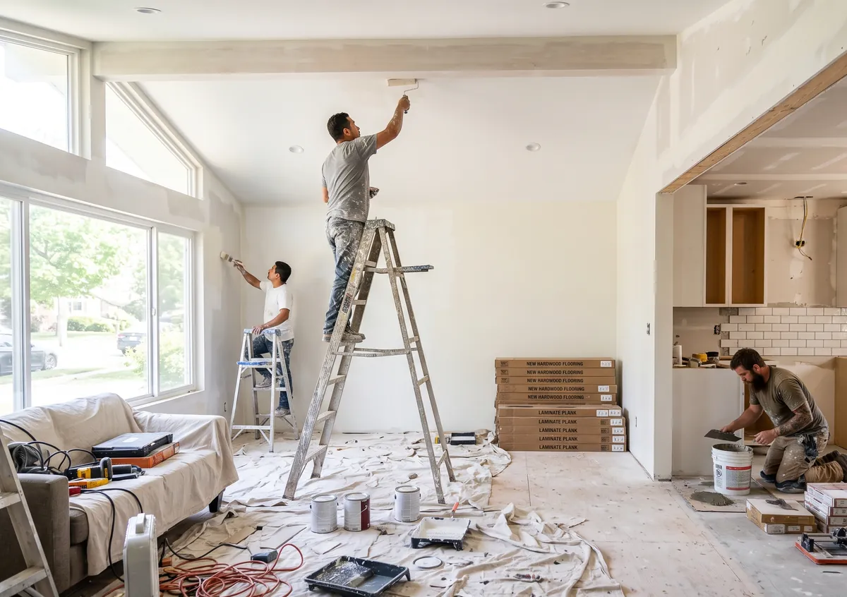 Painters and a tile setter work through a bright whole-home renovation